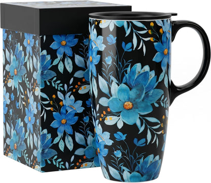 Coffee Mug Travel 17oz Large Ceramic with Lid Blue Floral | Tapered Base for Car Cup Holder Microwave Dishwasher Safe Ergonomic Handle Lid with Splash-Guard Gift Box