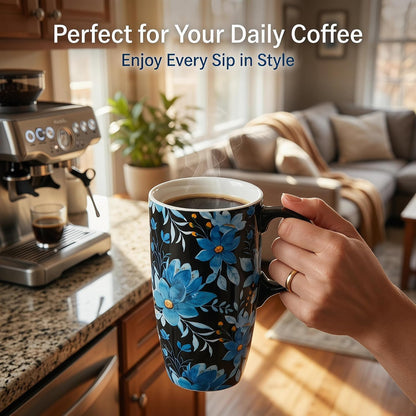 Coffee Mug Travel 17oz Large Ceramic with Lid Blue Floral | Tapered Base for Car Cup Holder Microwave Dishwasher Safe Ergonomic Handle Lid with Splash-Guard Gift Box