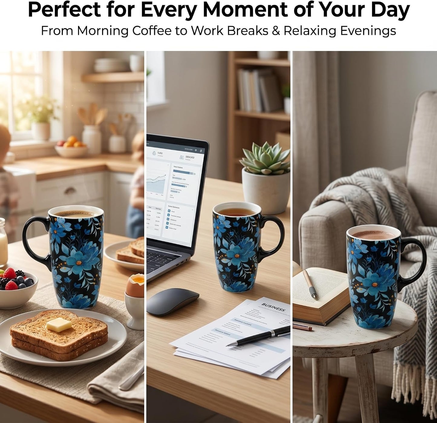 Coffee Mug Travel 17oz Large Ceramic with Lid Blue Floral | Tapered Base for Car Cup Holder Microwave Dishwasher Safe Ergonomic Handle Lid with Splash-Guard Gift Box