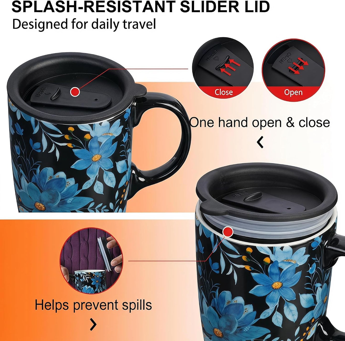 Coffee Mug Travel 17oz Large Ceramic with Lid Blue Floral | Tapered Base for Car Cup Holder Microwave Dishwasher Safe Ergonomic Handle Lid with Splash-Guard Gift Box