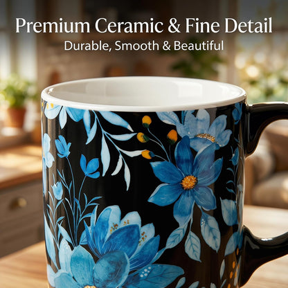 Coffee Mug Travel 17oz Large Ceramic with Lid Blue Floral | Tapered Base for Car Cup Holder Microwave Dishwasher Safe Ergonomic Handle Lid with Splash-Guard Gift Box