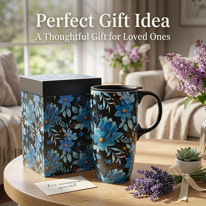 Coffee Mug Travel 17oz Large Ceramic with Lid Blue Floral | Tapered Base for Car Cup Holder Microwave Dishwasher Safe Ergonomic Handle Lid with Splash-Guard Gift Box
