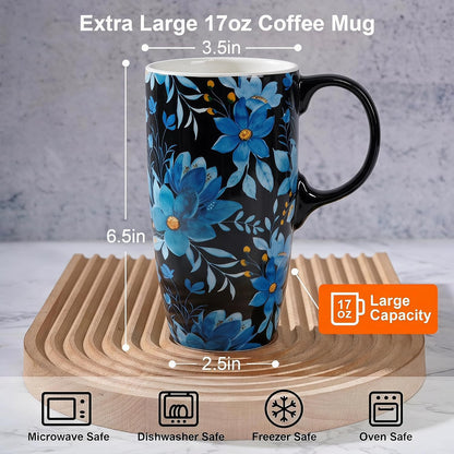 Coffee Mug Travel 17oz Large Ceramic with Lid Blue Floral | Tapered Base for Car Cup Holder Microwave Dishwasher Safe Ergonomic Handle Lid with Splash-Guard Gift Box