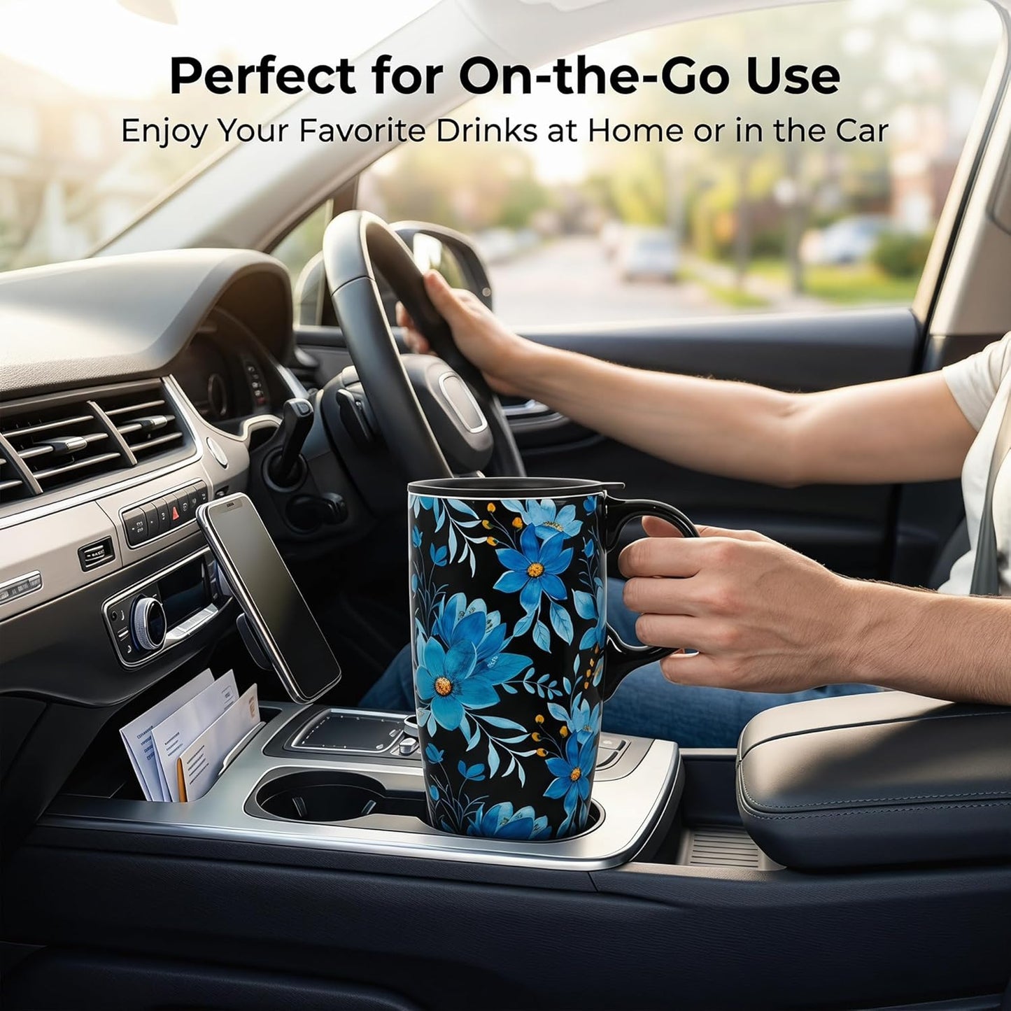 Coffee Mug Travel 17oz Large Ceramic with Lid Blue Floral | Tapered Base for Car Cup Holder Microwave Dishwasher Safe Ergonomic Handle Lid with Splash-Guard Gift Box