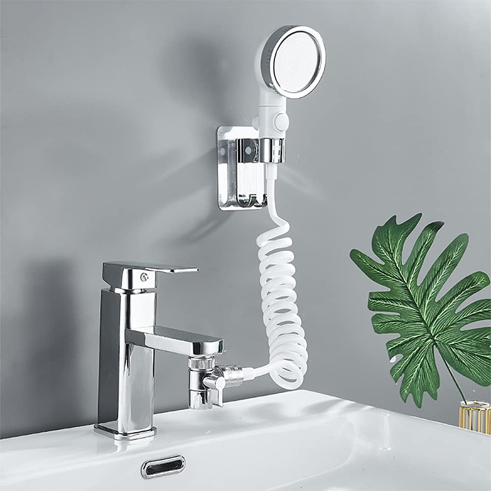 Generic Basin Handheld Shower Set, Sink Hose Faucet Sprayer Attachment, with Stop Water-saving Function For Hair Pet Washing Baby Bath, Update Bathroom Bathtub Utility Kitchen, Chrome + White