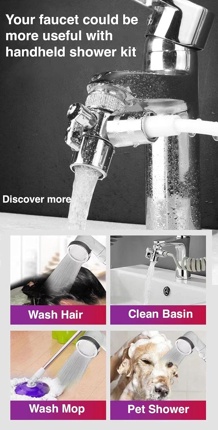 Generic Basin Handheld Shower Set, Sink Hose Faucet Sprayer Attachment, with Stop Water-saving Function For Hair Pet Washing Baby Bath, Update Bathroom Bathtub Utility Kitchen, Chrome + White
