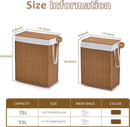 Slim Laundry Hamper with Lid, Handwoven Natural Water Hyacinth Basket