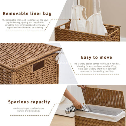 Slim Laundry Hamper with Lid, Handwoven Natural Water Hyacinth Basket