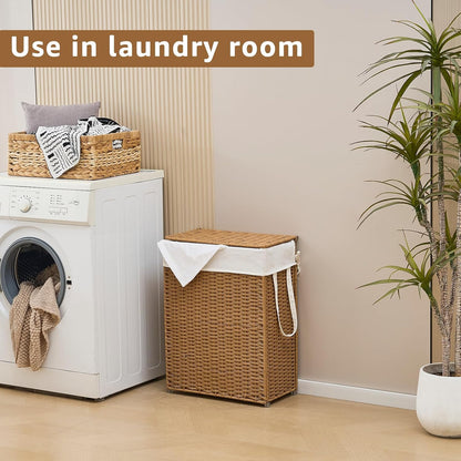 Slim Laundry Hamper with Lid, Handwoven Natural Water Hyacinth Basket