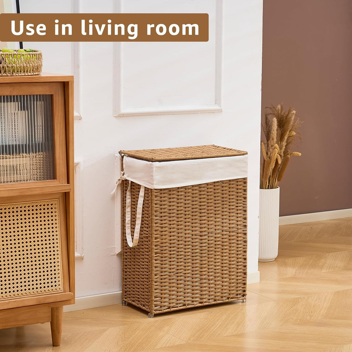 Slim Laundry Hamper with Lid, Handwoven Natural Water Hyacinth Basket