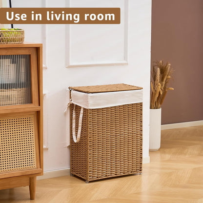 Slim Laundry Hamper with Lid, Handwoven Natural Water Hyacinth Basket