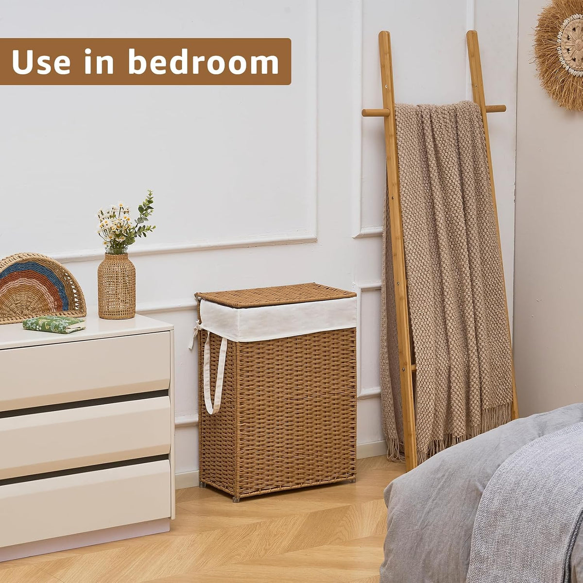 Slim Laundry Hamper with Lid, Handwoven Natural Water Hyacinth Basket