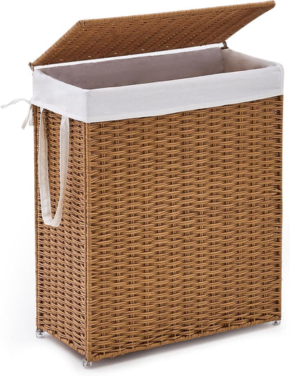 Slim Laundry Hamper with Lid, Handwoven Natural Water Hyacinth Basket
