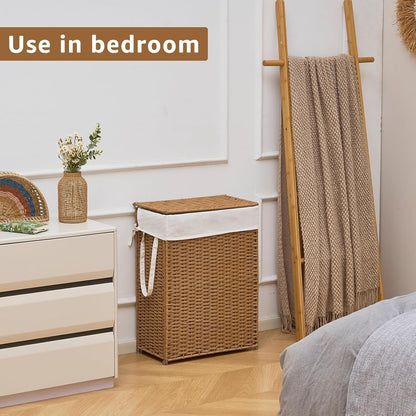 Slim Laundry Hamper with Lid, Handwoven Natural Water Hyacinth Basket