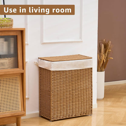 Slim Laundry Hamper with Lid, Handwoven Natural Water Hyacinth Basket