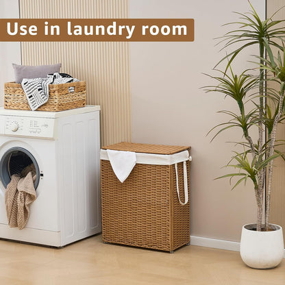 Slim Laundry Hamper with Lid, Handwoven Natural Water Hyacinth Basket