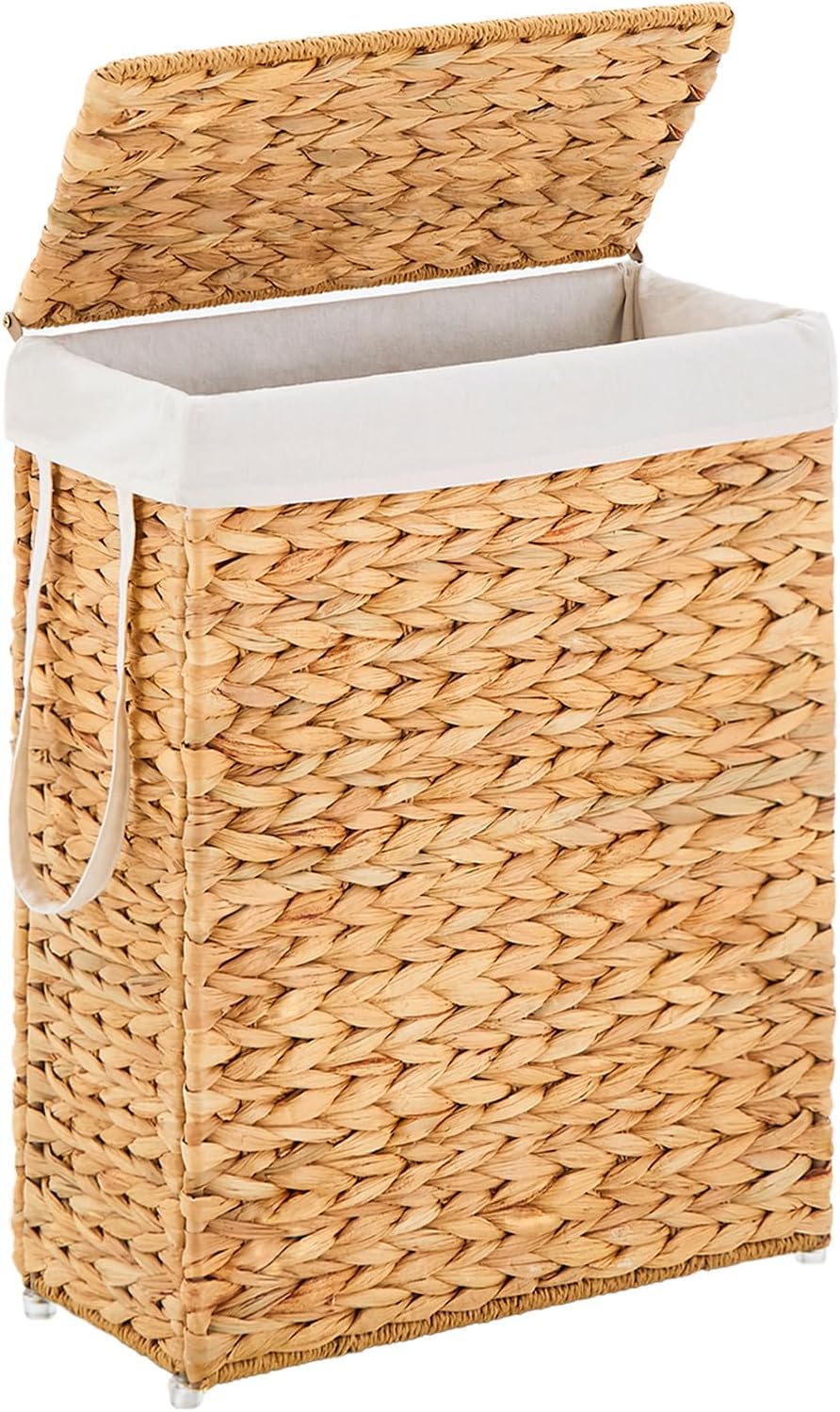 Slim Laundry Hamper with Lid, Handwoven Natural Water Hyacinth Basket