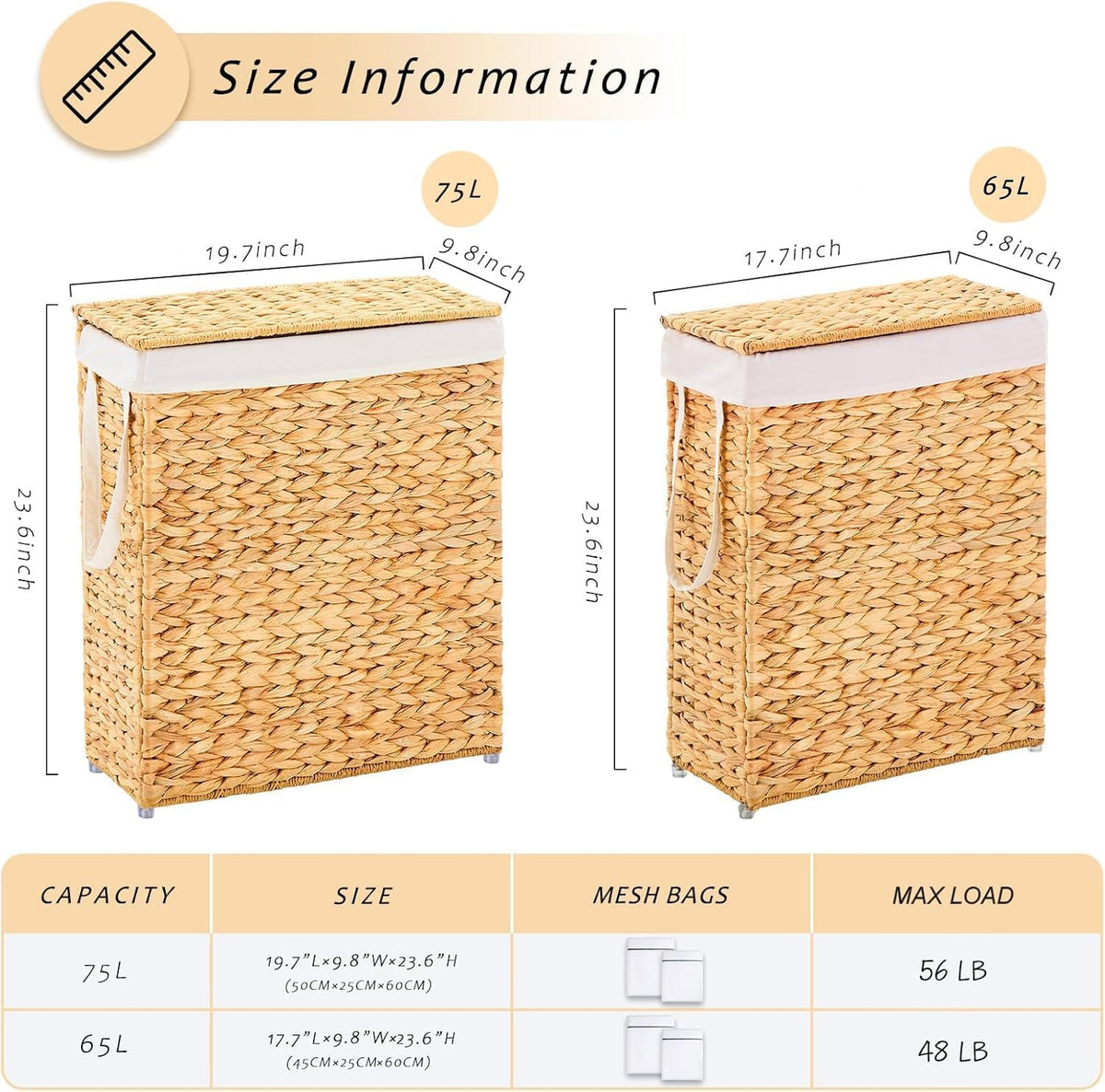 Slim Laundry Hamper with Lid, Handwoven Natural Water Hyacinth Basket