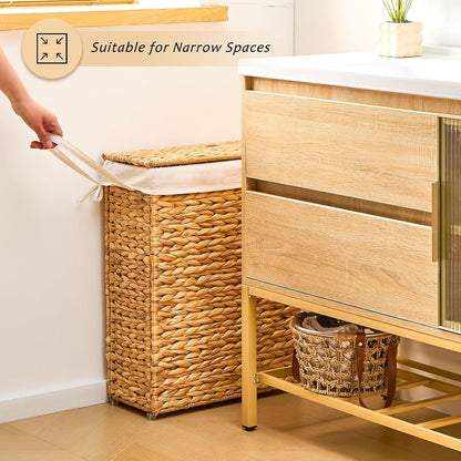 Slim Laundry Hamper with Lid, Handwoven Natural Water Hyacinth Basket