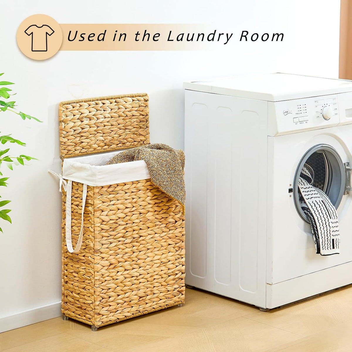 Slim Laundry Hamper with Lid, Handwoven Natural Water Hyacinth Basket