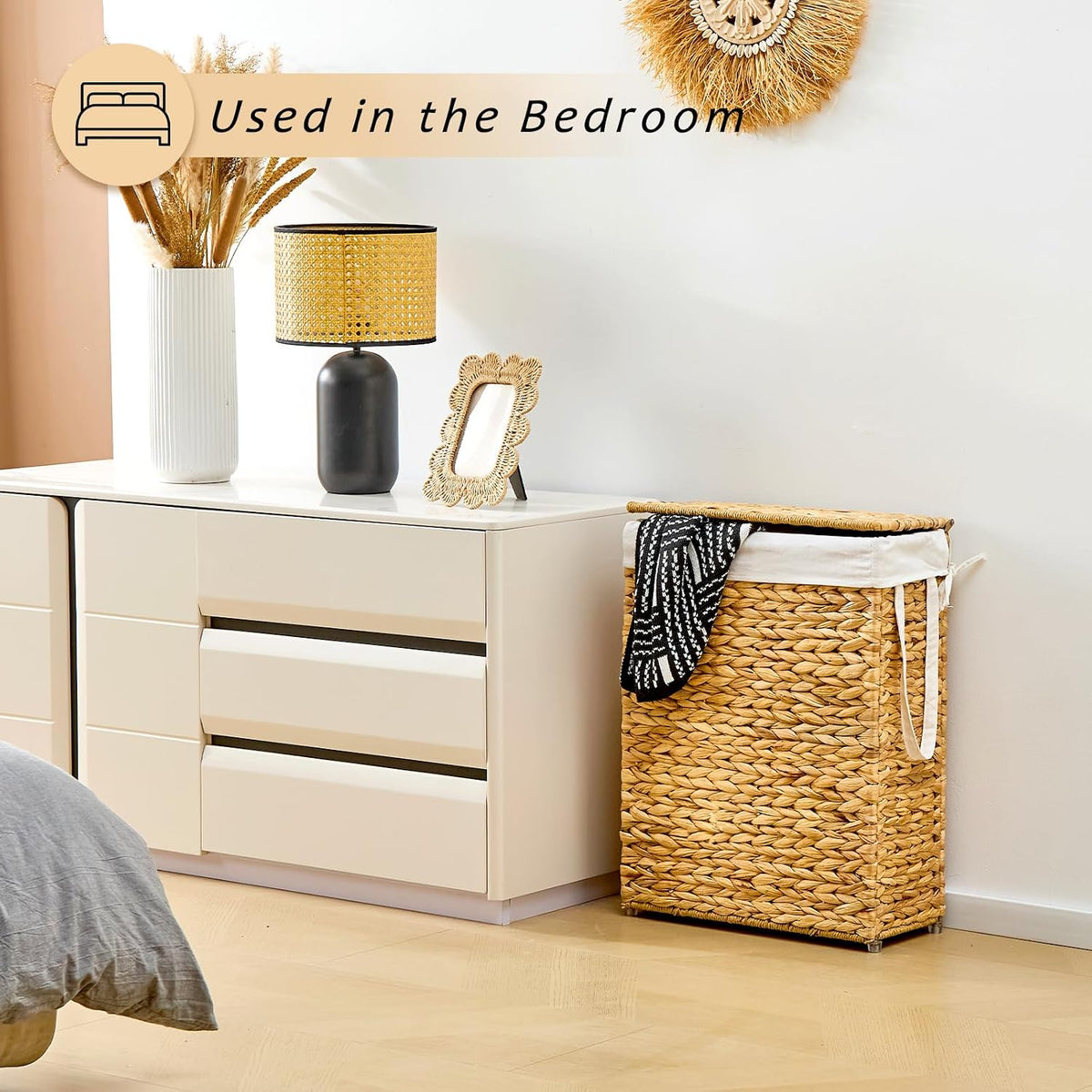 Slim Laundry Hamper with Lid, Handwoven Natural Water Hyacinth Basket