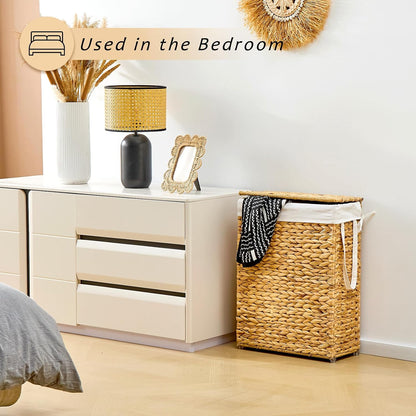 Slim Laundry Hamper with Lid, Handwoven Natural Water Hyacinth Basket
