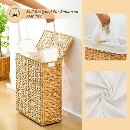 Slim Laundry Hamper with Lid, Handwoven Natural Water Hyacinth Basket