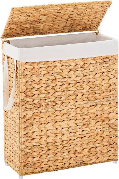 Slim Laundry Hamper with Lid, Handwoven Natural Water Hyacinth Basket