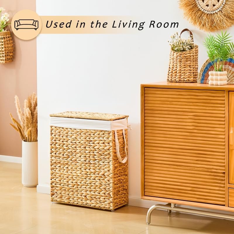 Slim Laundry Hamper with Lid, Handwoven Natural Water Hyacinth Basket
