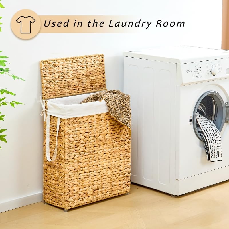Slim Laundry Hamper with Lid, Handwoven Natural Water Hyacinth Basket
