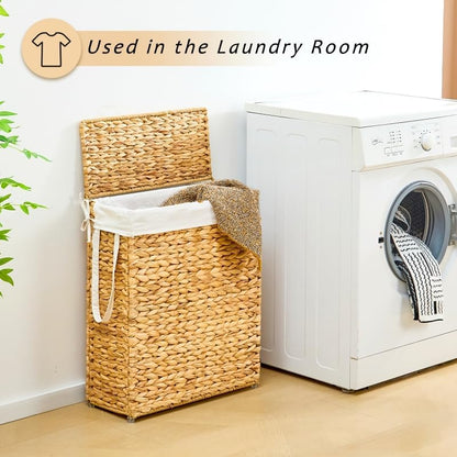 Slim Laundry Hamper with Lid, Handwoven Natural Water Hyacinth Basket