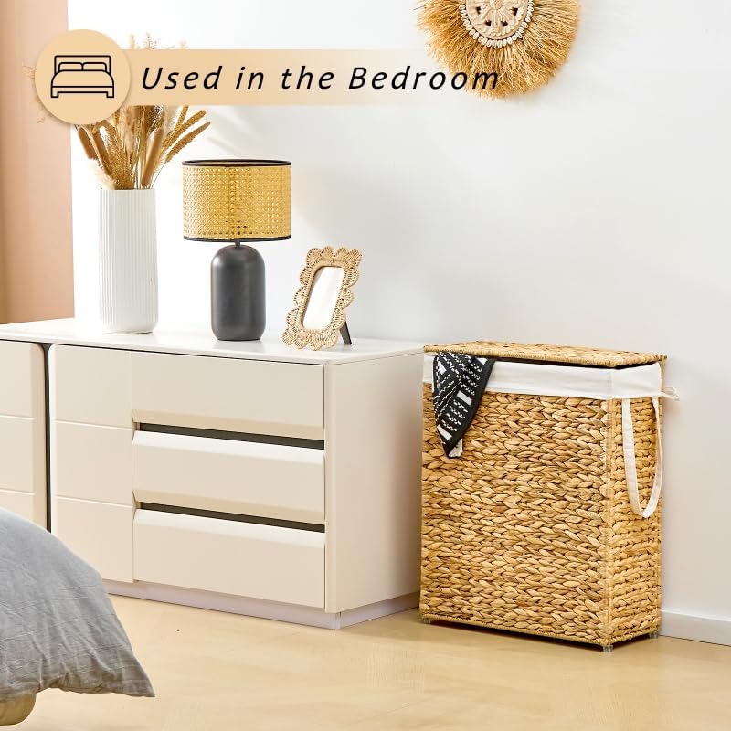 Slim Laundry Hamper with Lid, Handwoven Natural Water Hyacinth Basket