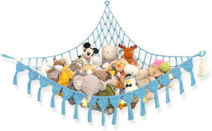 Extra Large Stuffed Animal Hammock with LED Lights 100% Natural Cotton Macrame Toy Storage Net for Plushies & Squishmallows Boho Macrame Corner Organizer for Kids’ Room or Nursery (Beige)