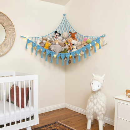 Extra Large Stuffed Animal Hammock with LED Lights 100% Natural Cotton Macrame Toy Storage Net for Plushies & Squishmallows Boho Macrame Corner Organizer for Kids’ Room or Nursery (Beige)
