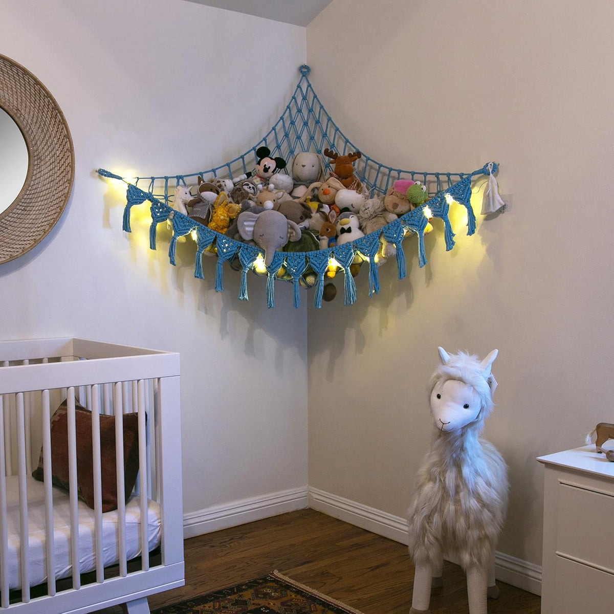 Extra Large Stuffed Animal Hammock with LED Lights 100% Natural Cotton Macrame Toy Storage Net for Plushies & Squishmallows Boho Macrame Corner Organizer for Kids’ Room or Nursery (Beige)