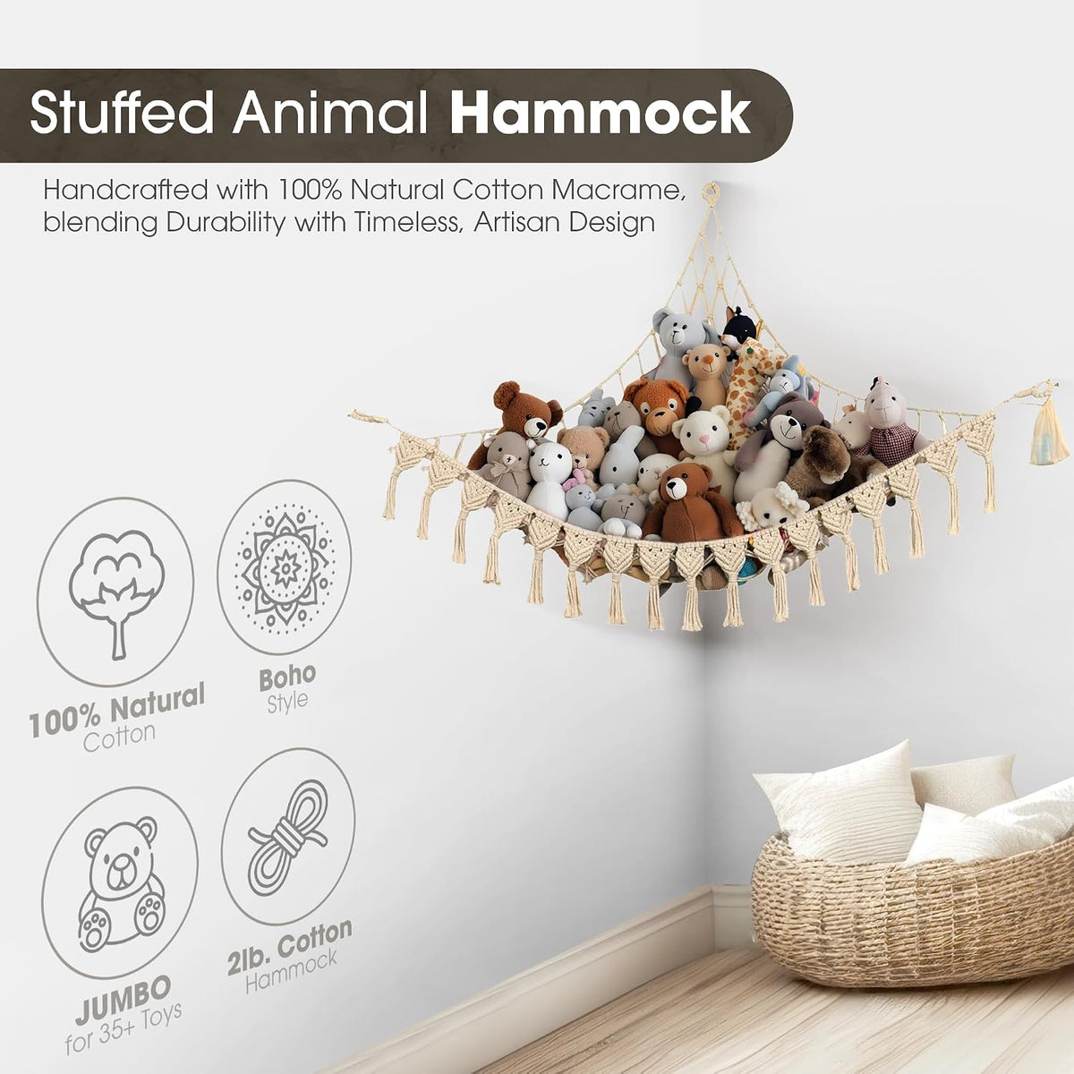 Extra Large Stuffed Animal Hammock with LED Lights 100% Natural Cotton Macrame Toy Storage Net for Plushies & Squishmallows Boho Macrame Corner Organizer for Kids’ Room or Nursery (Beige)