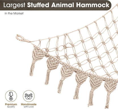 Extra Large Stuffed Animal Hammock with LED Lights 100% Natural Cotton Macrame Toy Storage Net for Plushies & Squishmallows Boho Macrame Corner Organizer for Kids’ Room or Nursery (Beige)
