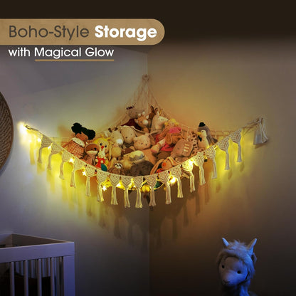 Extra Large Stuffed Animal Hammock with LED Lights 100% Natural Cotton Macrame Toy Storage Net for Plushies & Squishmallows Boho Macrame Corner Organizer for Kids’ Room or Nursery (Beige)
