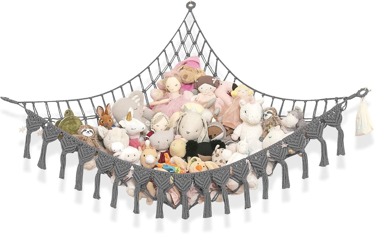 Extra Large Stuffed Animal Hammock with LED Lights 100% Natural Cotton Macrame Toy Storage Net for Plushies & Squishmallows Boho Macrame Corner Organizer for Kids’ Room or Nursery (Beige)