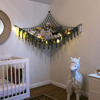 Extra Large Stuffed Animal Hammock with LED Lights 100% Natural Cotton Macrame Toy Storage Net for Plushies & Squishmallows Boho Macrame Corner Organizer for Kids’ Room or Nursery (Beige)