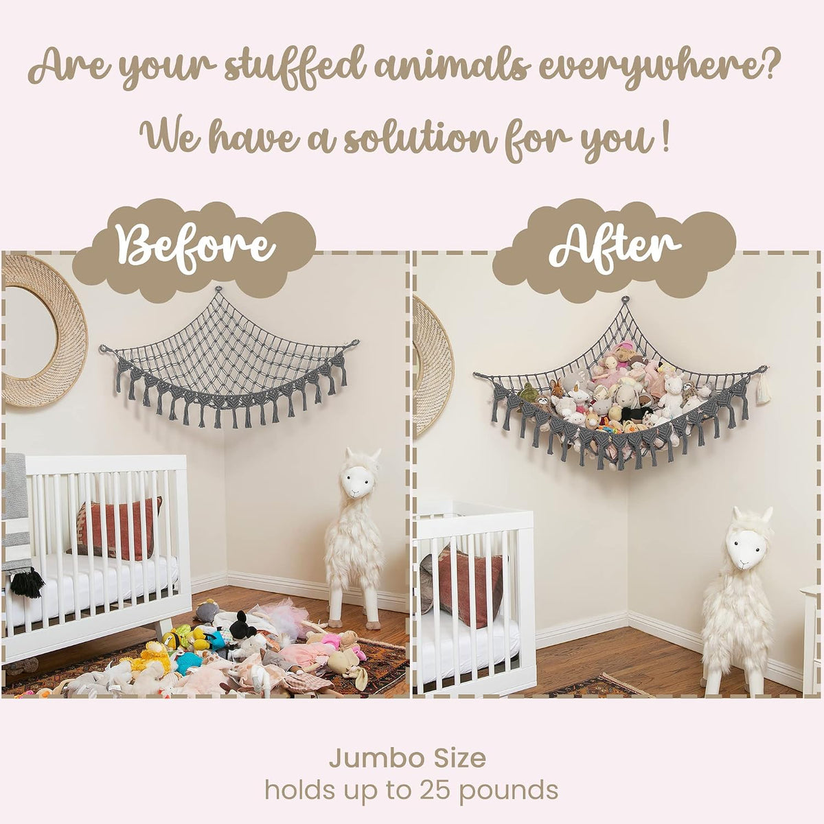 Extra Large Stuffed Animal Hammock with LED Lights 100% Natural Cotton Macrame Toy Storage Net for Plushies & Squishmallows Boho Macrame Corner Organizer for Kids’ Room or Nursery (Beige)