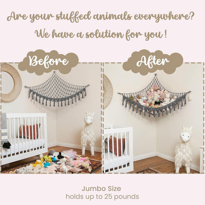 Extra Large Stuffed Animal Hammock with LED Lights 100% Natural Cotton Macrame Toy Storage Net for Plushies & Squishmallows Boho Macrame Corner Organizer for Kids’ Room or Nursery (Beige)