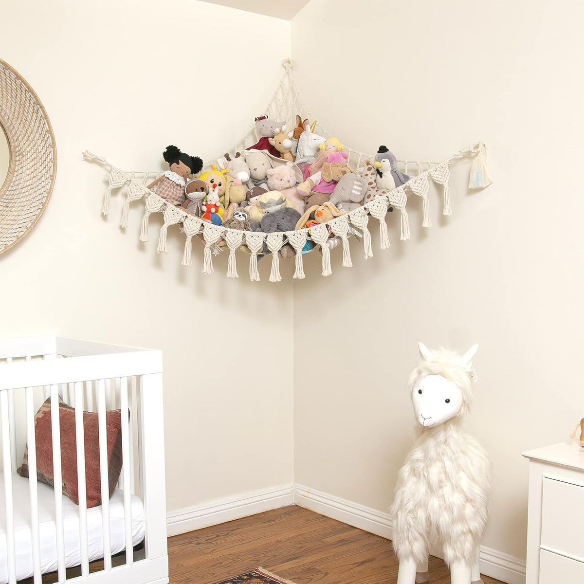 Extra Large Stuffed Animal Hammock with LED Lights 100% Natural Cotton Macrame Toy Storage Net for Plushies & Squishmallows Boho Macrame Corner Organizer for Kids’ Room or Nursery (Beige)
