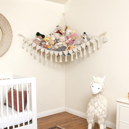 Extra Large Stuffed Animal Hammock with LED Lights 100% Natural Cotton Macrame Toy Storage Net for Plushies & Squishmallows Boho Macrame Corner Organizer for Kids’ Room or Nursery (Beige)