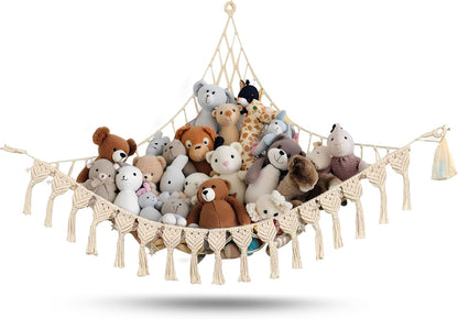 Extra Large Stuffed Animal Hammock with LED Lights 100% Natural Cotton Macrame Toy Storage Net for Plushies & Squishmallows Boho Macrame Corner Organizer for Kids’ Room or Nursery (Beige)