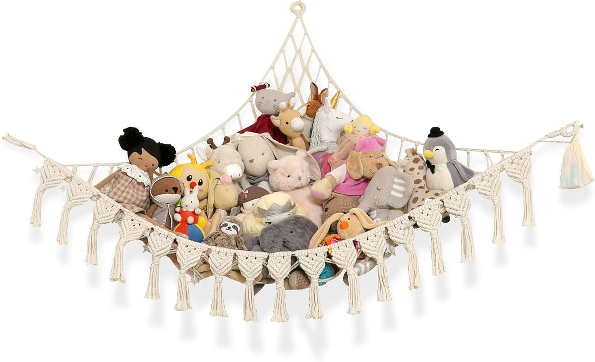 Extra Large Stuffed Animal Hammock with LED Lights 100% Natural Cotton Macrame Toy Storage Net for Plushies & Squishmallows Boho Macrame Corner Organizer for Kids’ Room or Nursery (Beige)