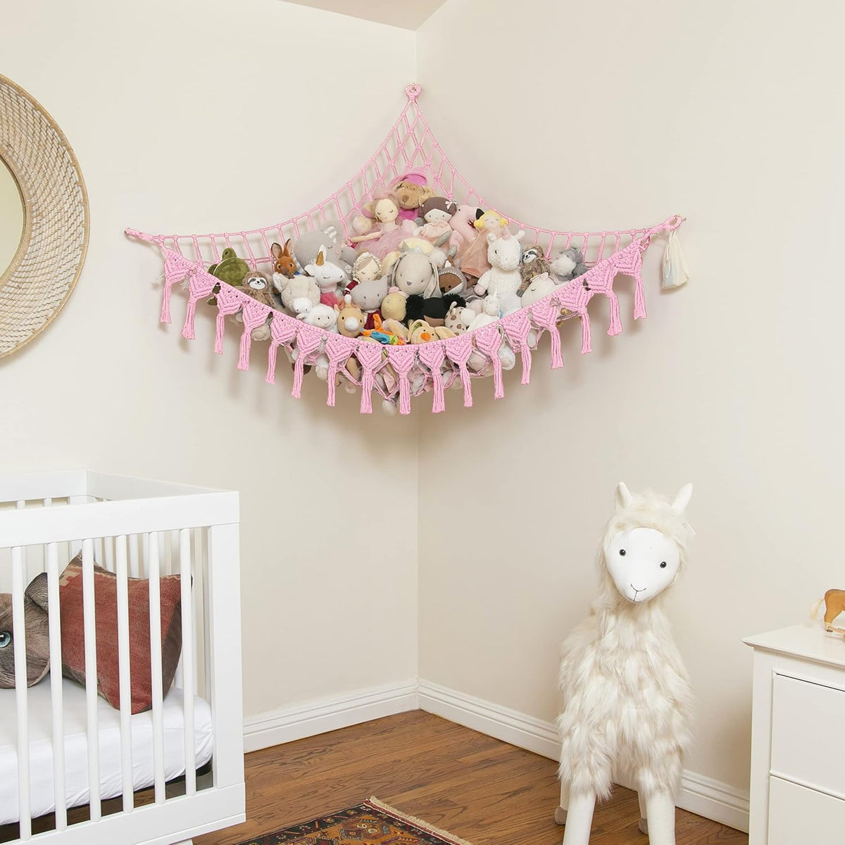 Extra Large Stuffed Animal Hammock with LED Lights 100% Natural Cotton Macrame Toy Storage Net for Plushies & Squishmallows Boho Macrame Corner Organizer for Kids’ Room or Nursery (Beige)