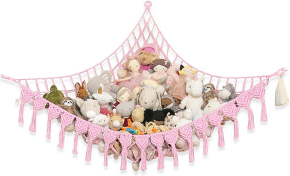 Extra Large Stuffed Animal Hammock with LED Lights 100% Natural Cotton Macrame Toy Storage Net for Plushies & Squishmallows Boho Macrame Corner Organizer for Kids’ Room or Nursery (Beige)