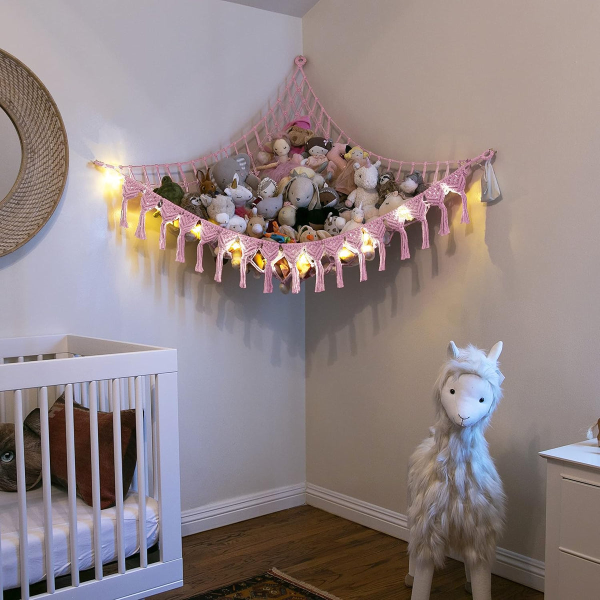 Extra Large Stuffed Animal Hammock with LED Lights 100% Natural Cotton Macrame Toy Storage Net for Plushies & Squishmallows Boho Macrame Corner Organizer for Kids’ Room or Nursery (Beige)
