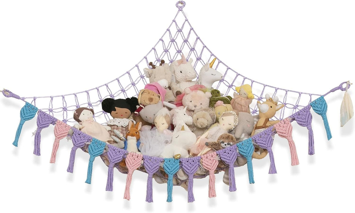 Extra Large Stuffed Animal Hammock with LED Lights 100% Natural Cotton Macrame Toy Storage Net for Plushies & Squishmallows Boho Macrame Corner Organizer for Kids’ Room or Nursery (Beige)